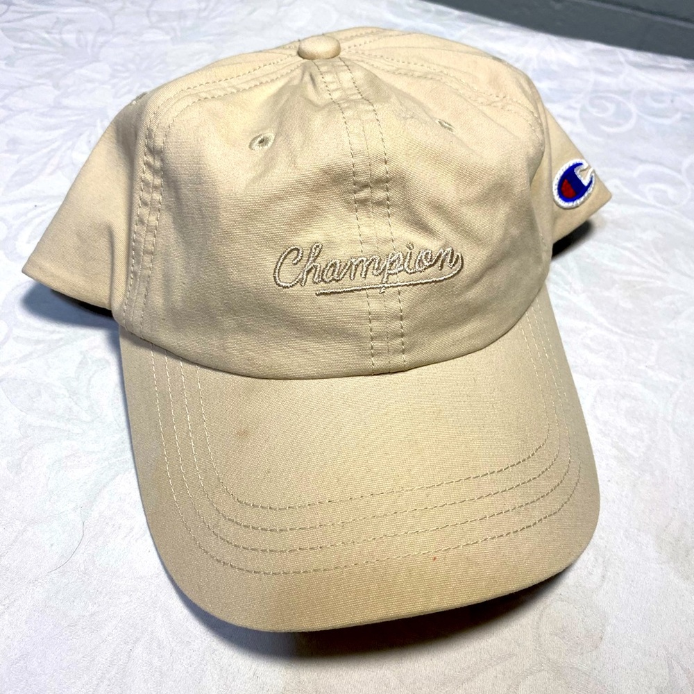 Champion Baseball Cap Cream Color Logo Cursive Embroidered OS Authentic American